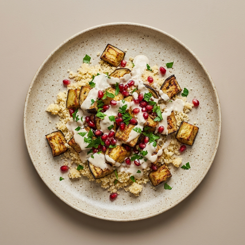 Berenjena rostizada con salsa de tahini y yogurt, con granada y couscous