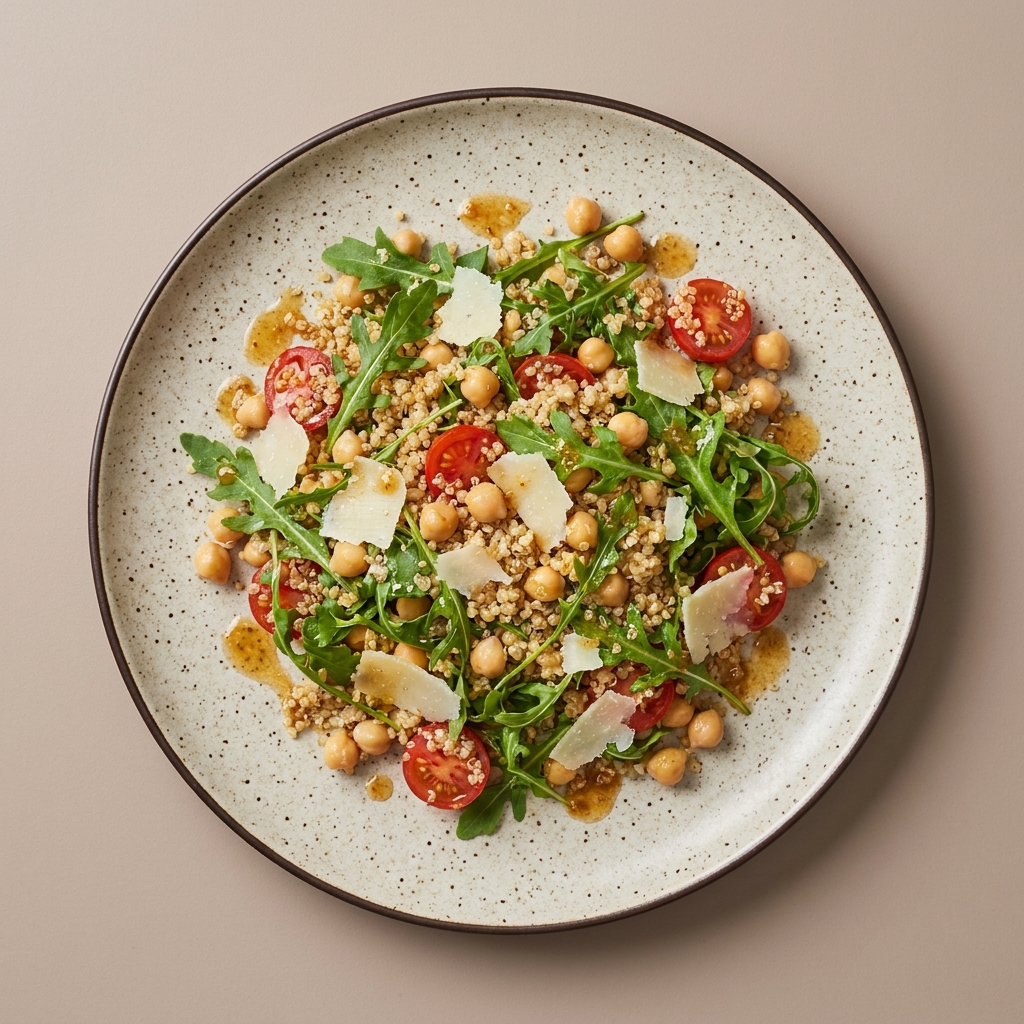 Ensalada de garbanzo, quinoa y parmesano con vinagreta de miel