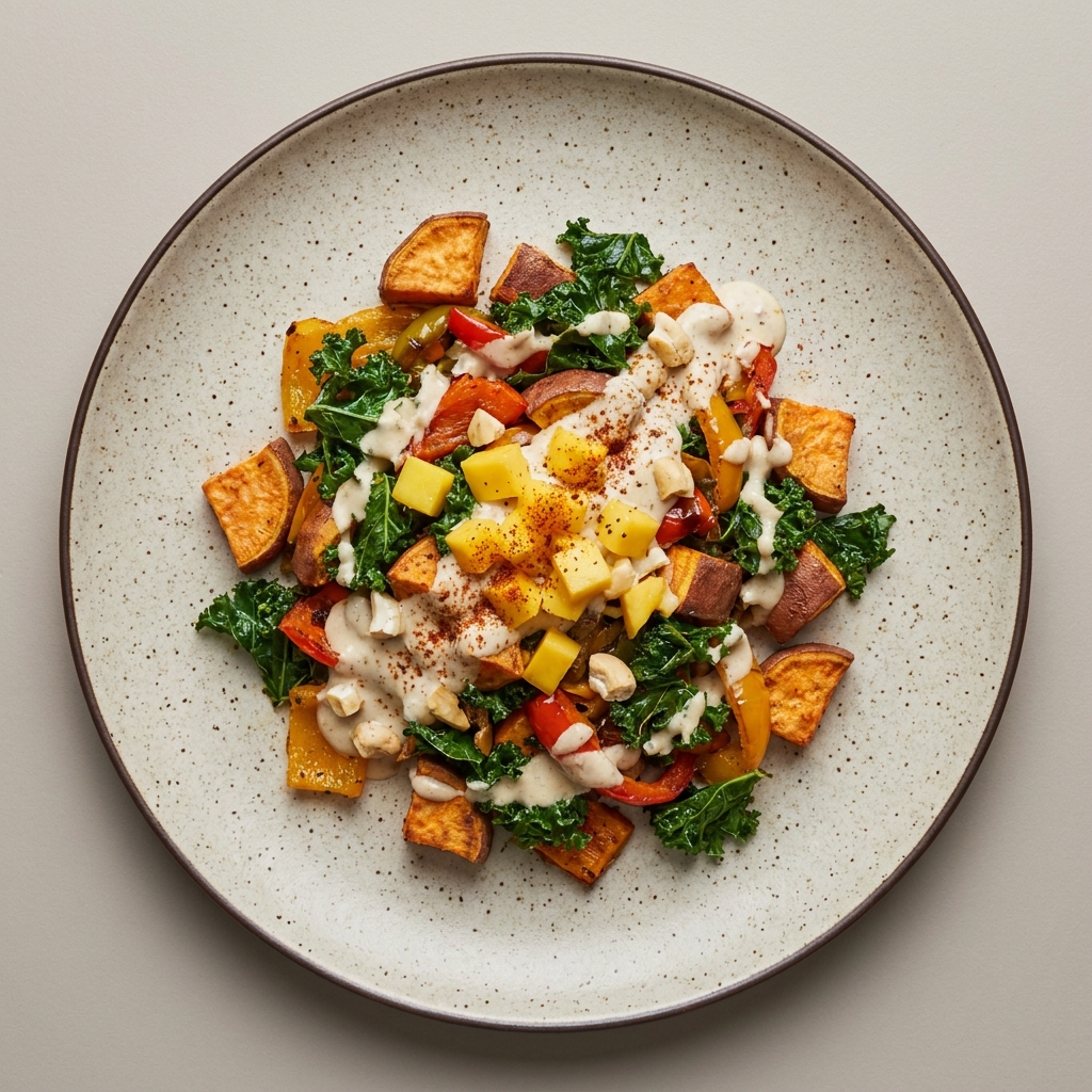 Bowl de camote asado con kale y pimiento en salsa cremosa de nuez de la india