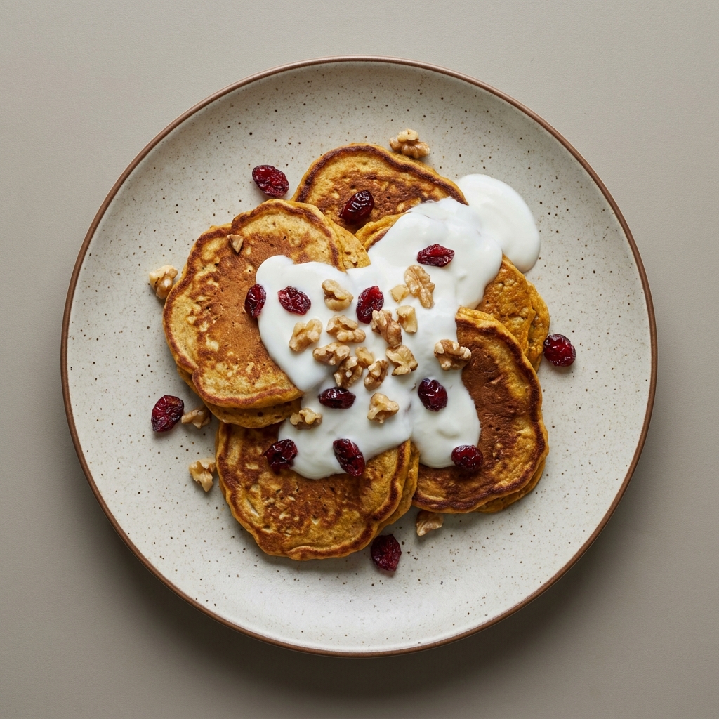 Hotcakes de avena y calabaza con nuez, arándanos y yogurt