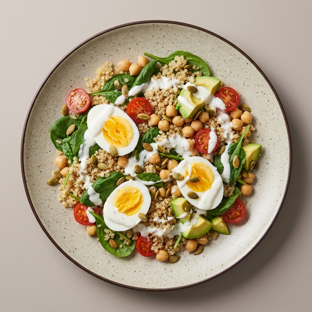 Power bowl de quinoa con huevo, garbanzo, espinaca y aguacate, con aderezo de yogurt y pepitas