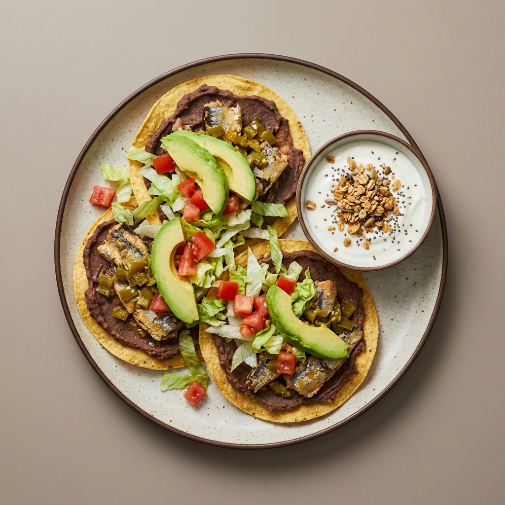 Tostadas de sardina con frijoles, lechuga, jitomate y aguacate, con bowl de yogurt, granola y chía