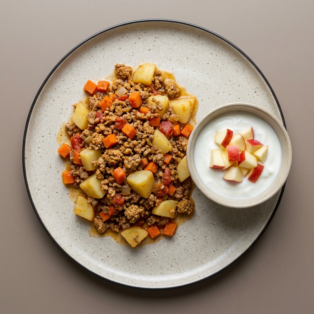 Picadillo de res con papa y zanahoria y bowl de yogurt con manzana