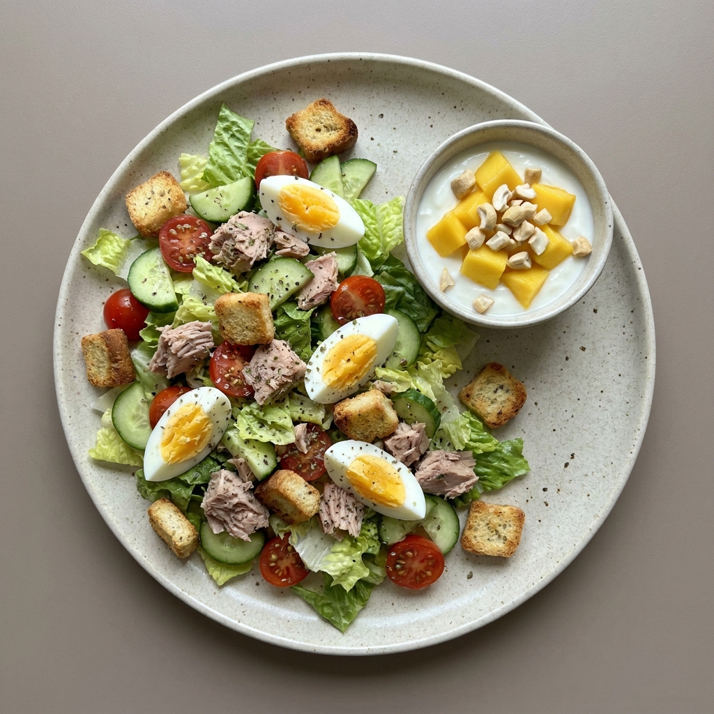 Ensalada de atún con huevo,verduras, y bowl de yogurt con mango y nuez de la india