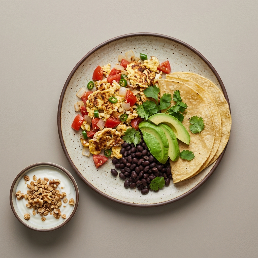 Huevos a la mexicana con frijoles y aguacate, con bowl de yogurt, granola y nuez