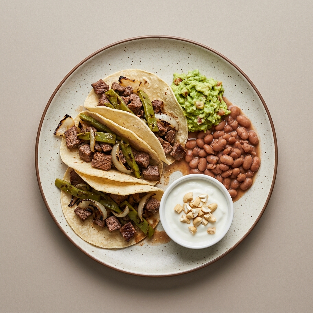 Tacos de bistec con nopales, frijoles y guacamole, con bowl de yogurt y nuez de la india