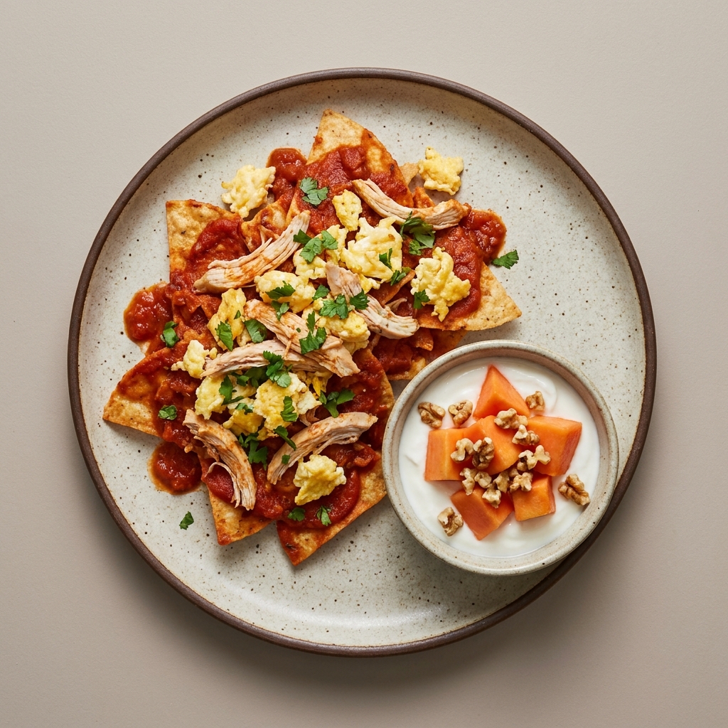 Chilaquiles rojos con pollo y huevo acompañado de bowl de yogurt con papaya y nuez