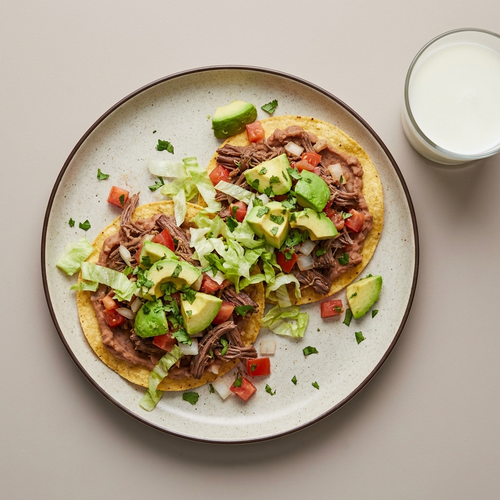 Tostadas de res deshebrada con frijoles y aguacate, con vaso de leche