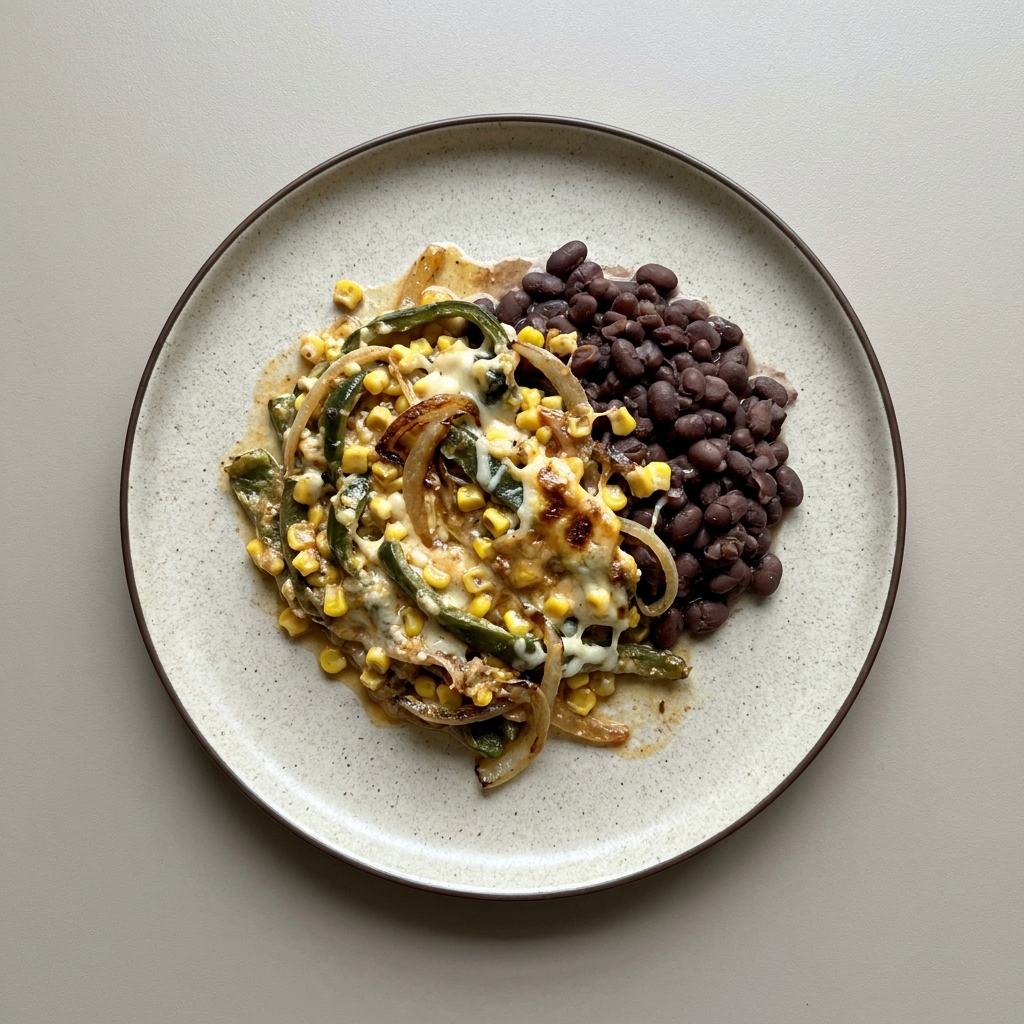 Rajas poblanas con elote y queso en crema, con frijoles de olla