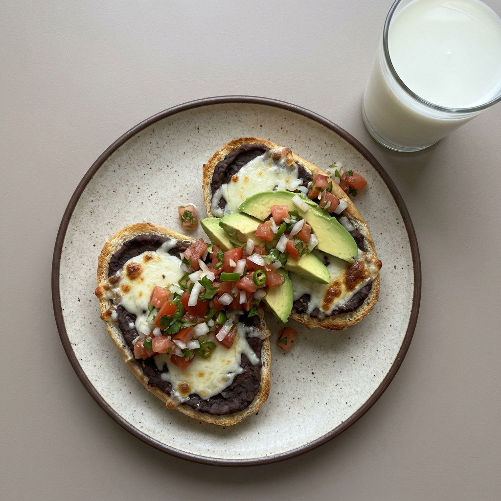 Molletes con frijoles y queso gratinado, con vaso de leche