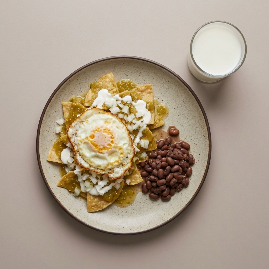 Chilaquiles verdes con huevo y frijoles de olla, con vaso de leche