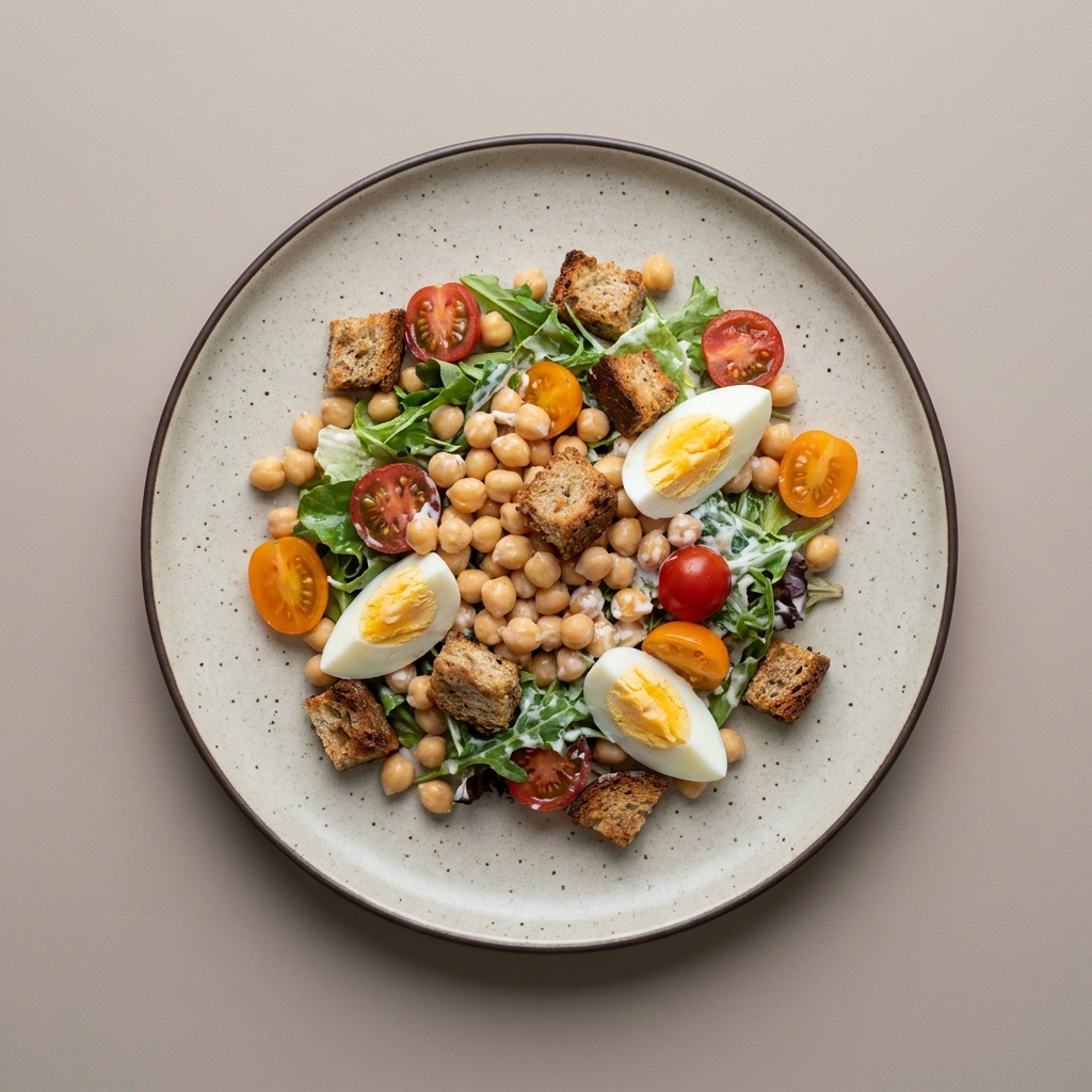 Ensalada de garbanzo y huevo con verduras, crotones y aderezo de yogurt