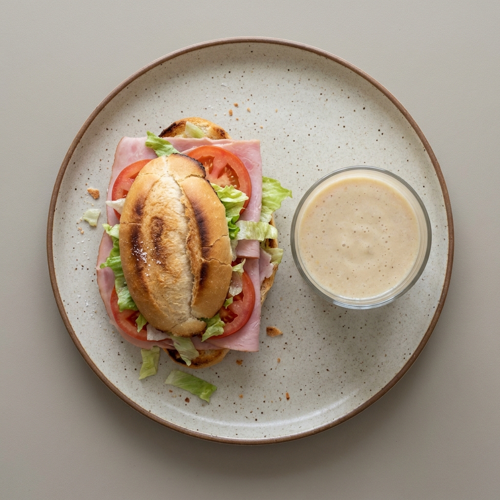 Torta de jamón y licuado de plátano