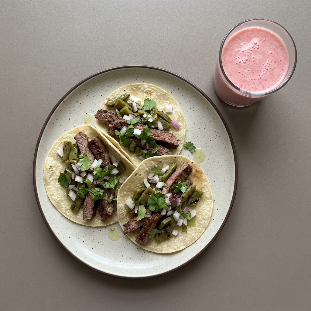 Tacos de arrachera con nopales y licuado de fresa