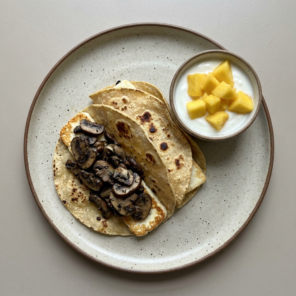 Quesadillas de panela con champiñones y bowl de yogurt con mango
