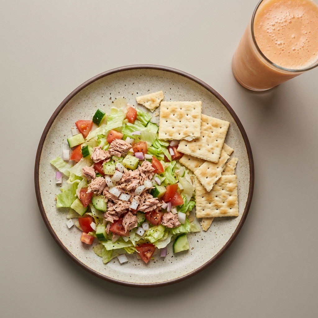 Ensalada de atún con galletas y licuado de papaya