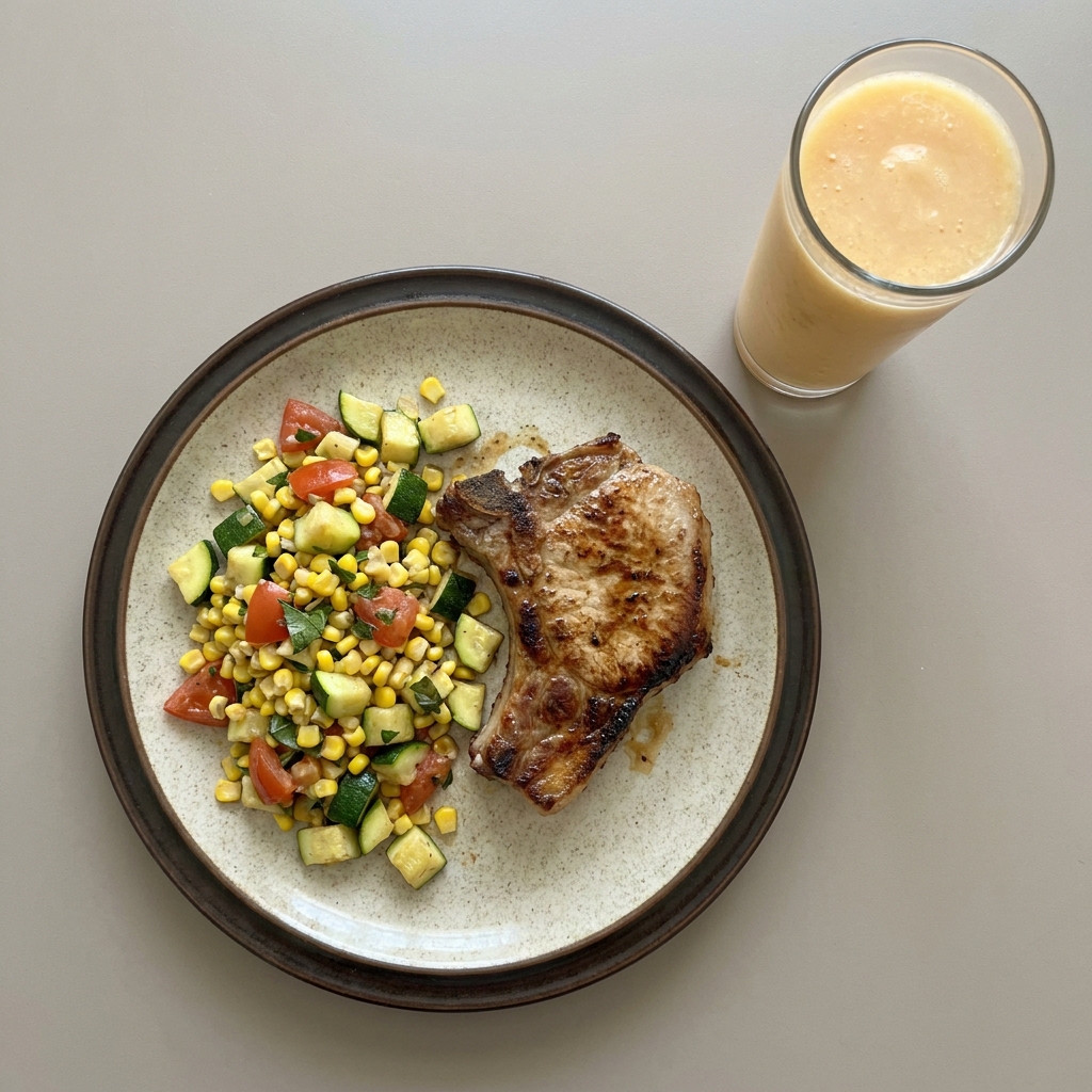 Chuleta de cerdo con elote y calabacitas y licuado de melón