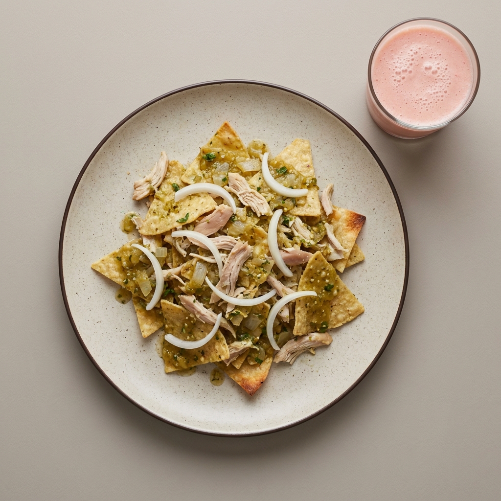 Chilaquiles verdes con pollo y licuado de guayaba