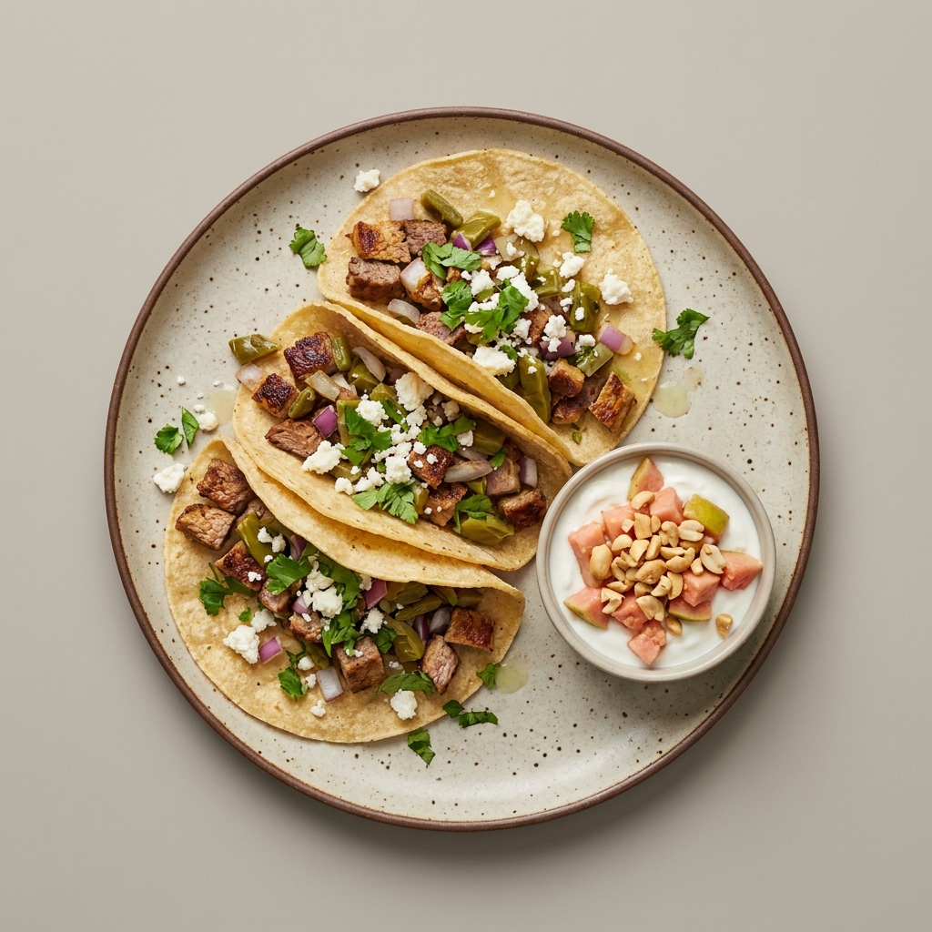 Tacos de bistec con nopales y queso fresco acompañado de bowl de yogurt con guayaba y cacahuate