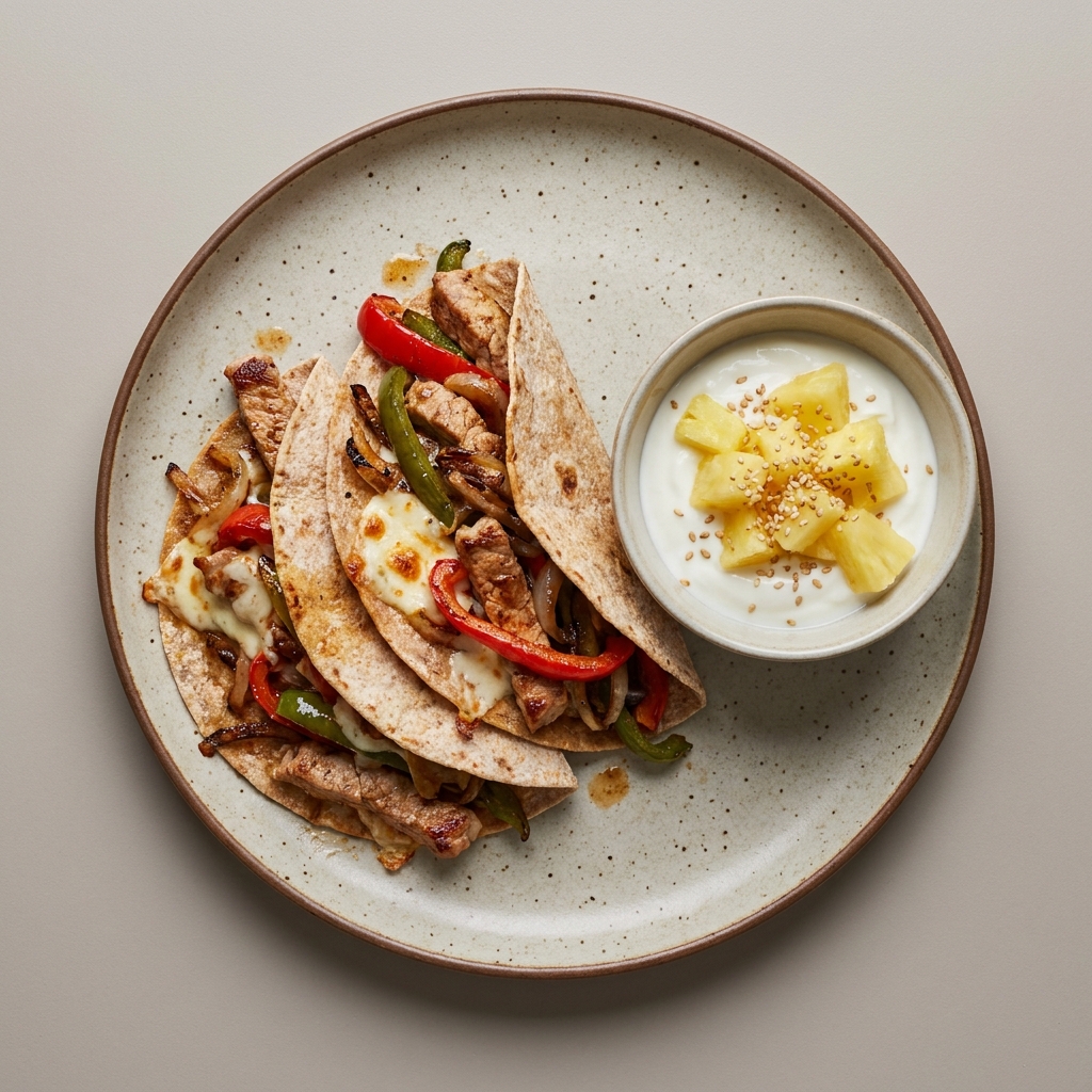 Tacos árabes de cerdo con pimientos y queso con bowl de yogurt con piña y ajonjolí