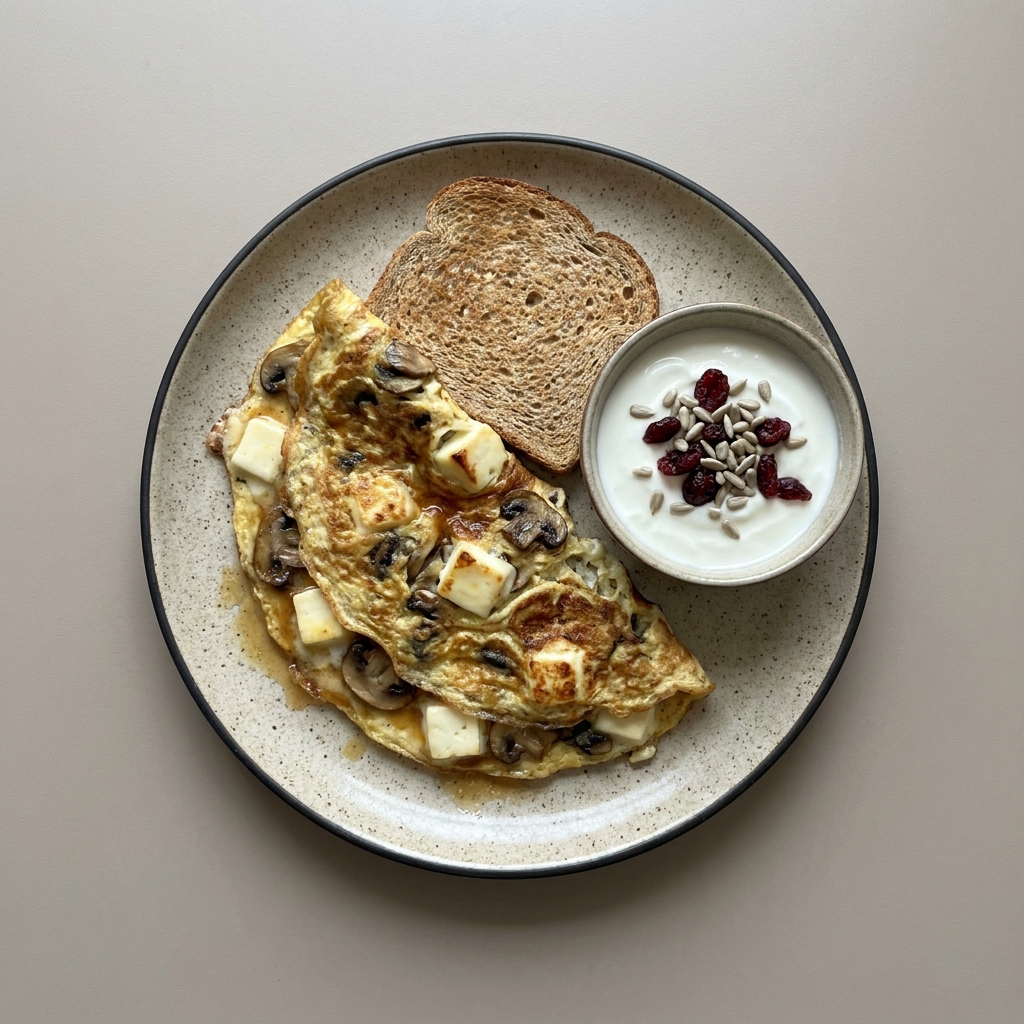 Omelette de champiñones con queso panela y bowl de yogurt con arándano y girasol