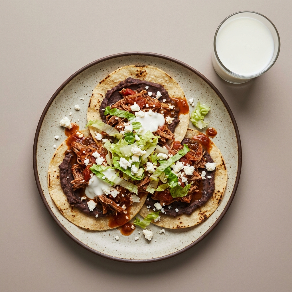 Tostadas de tinga de res con requesón, frijoles y vaso de leche