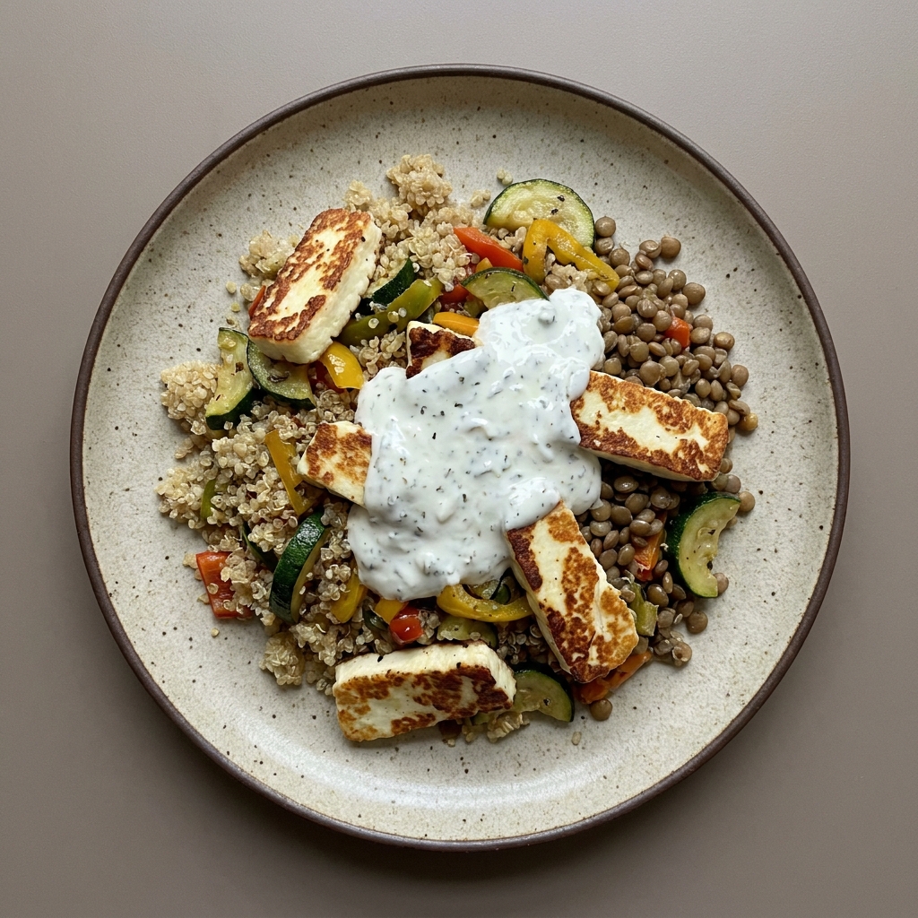 Bowl de quinoa con panela asada, verduras y lentejas, con aderezo de yogurt