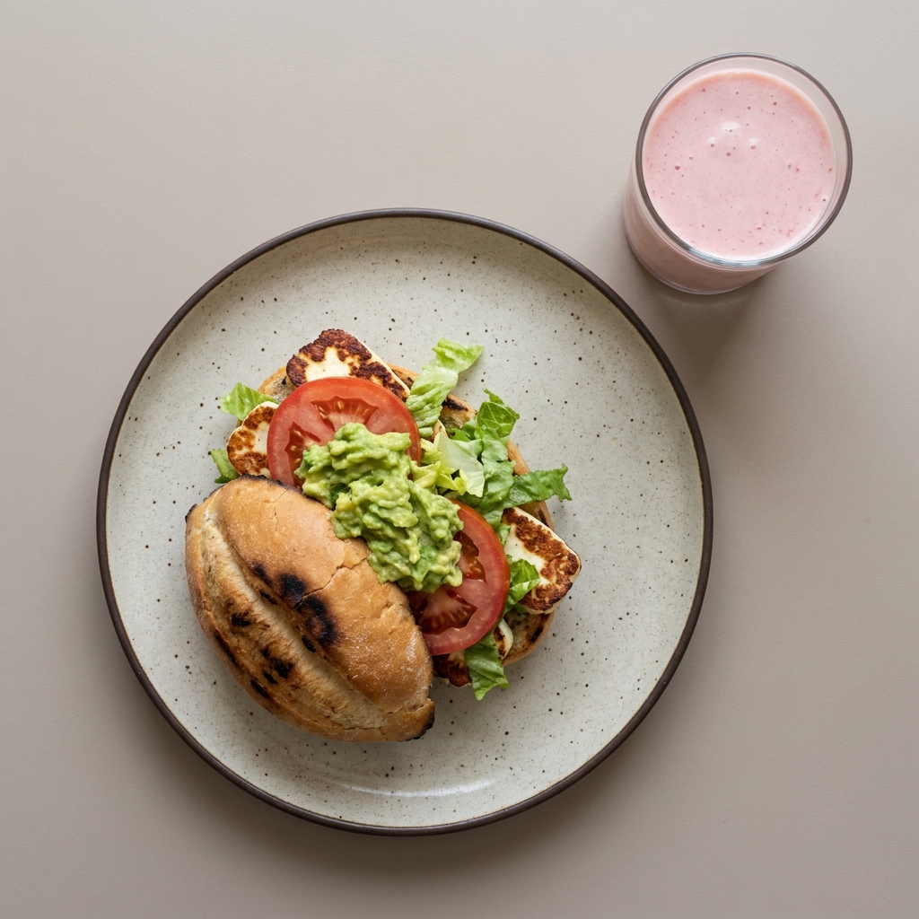 Torta de queso panela con aguacate, y licuado de fresa