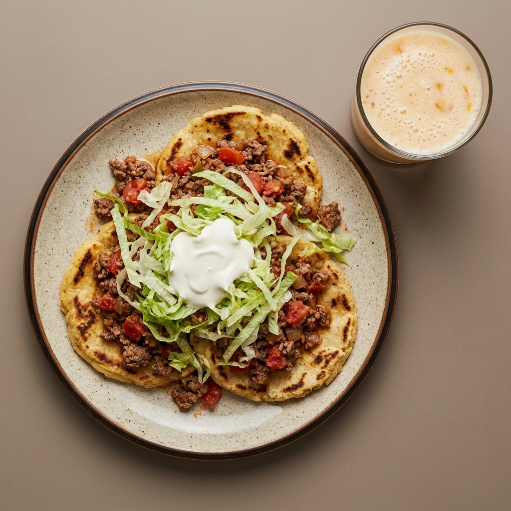 Sopes de picadillo de res con lechuga y crema, con licuado de durazno