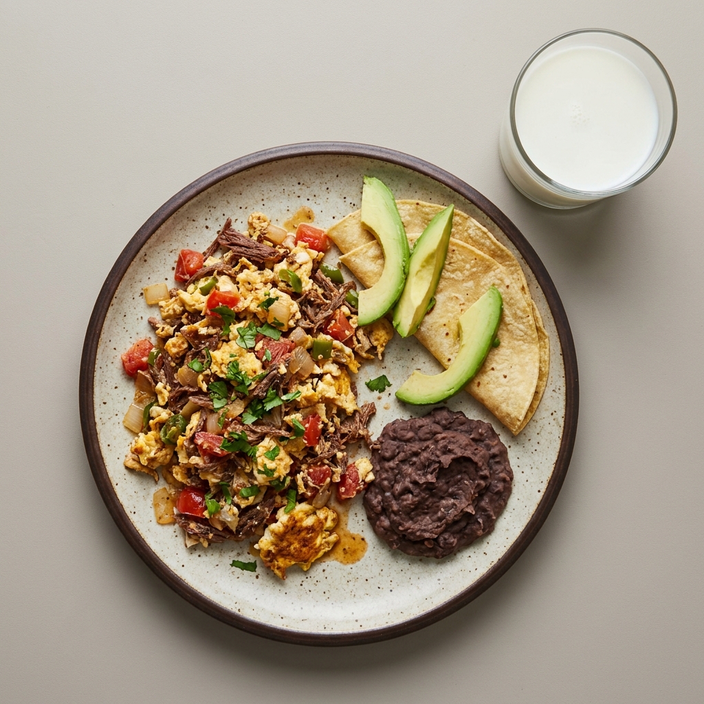 Machaca con huevo a la mexicana, frijoles refritos y vaso de leche