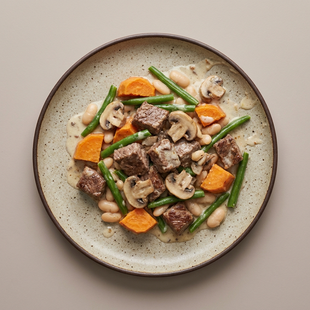 Ternera en salsa blanca con champiñones, camote y ejotes, con alubias
