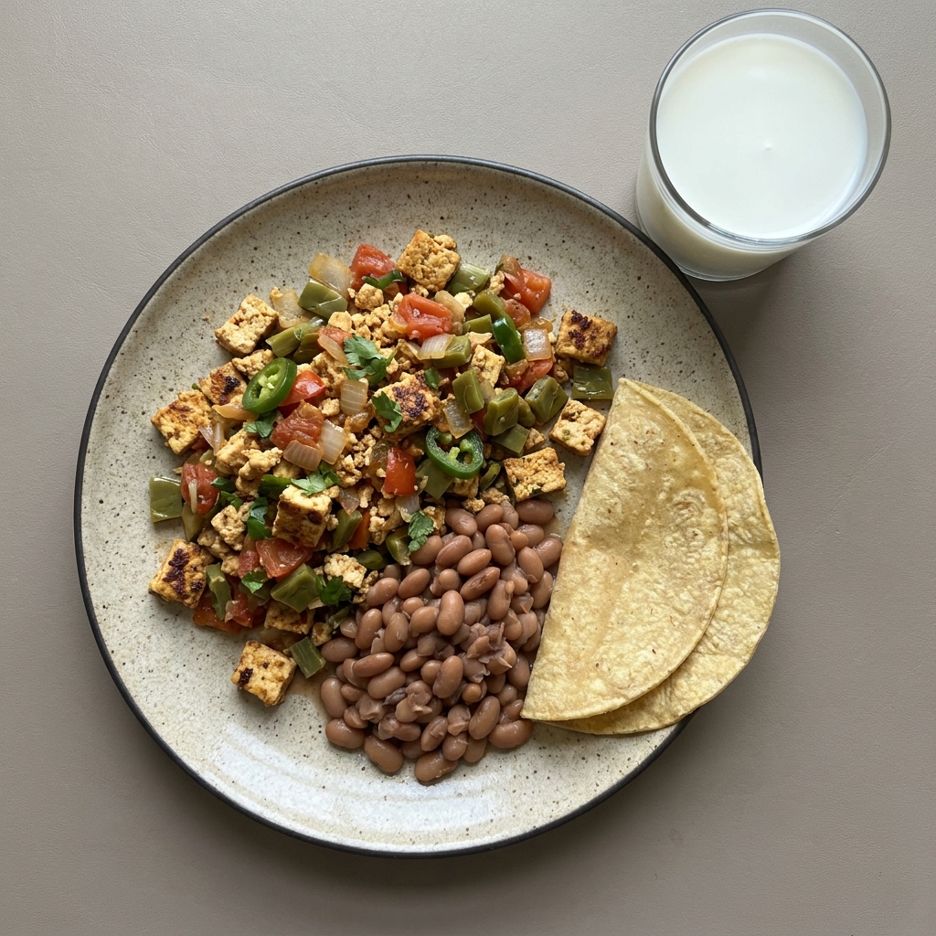 Tofu a la mexicana con nopales, frijoles y tortillas, con vaso de leche