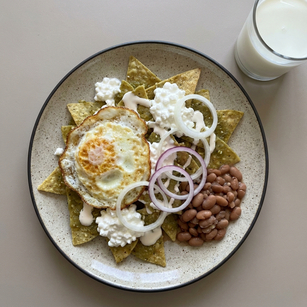 Chilaquiles verdes con huevo, queso cottage,frijoles y vaso de leche