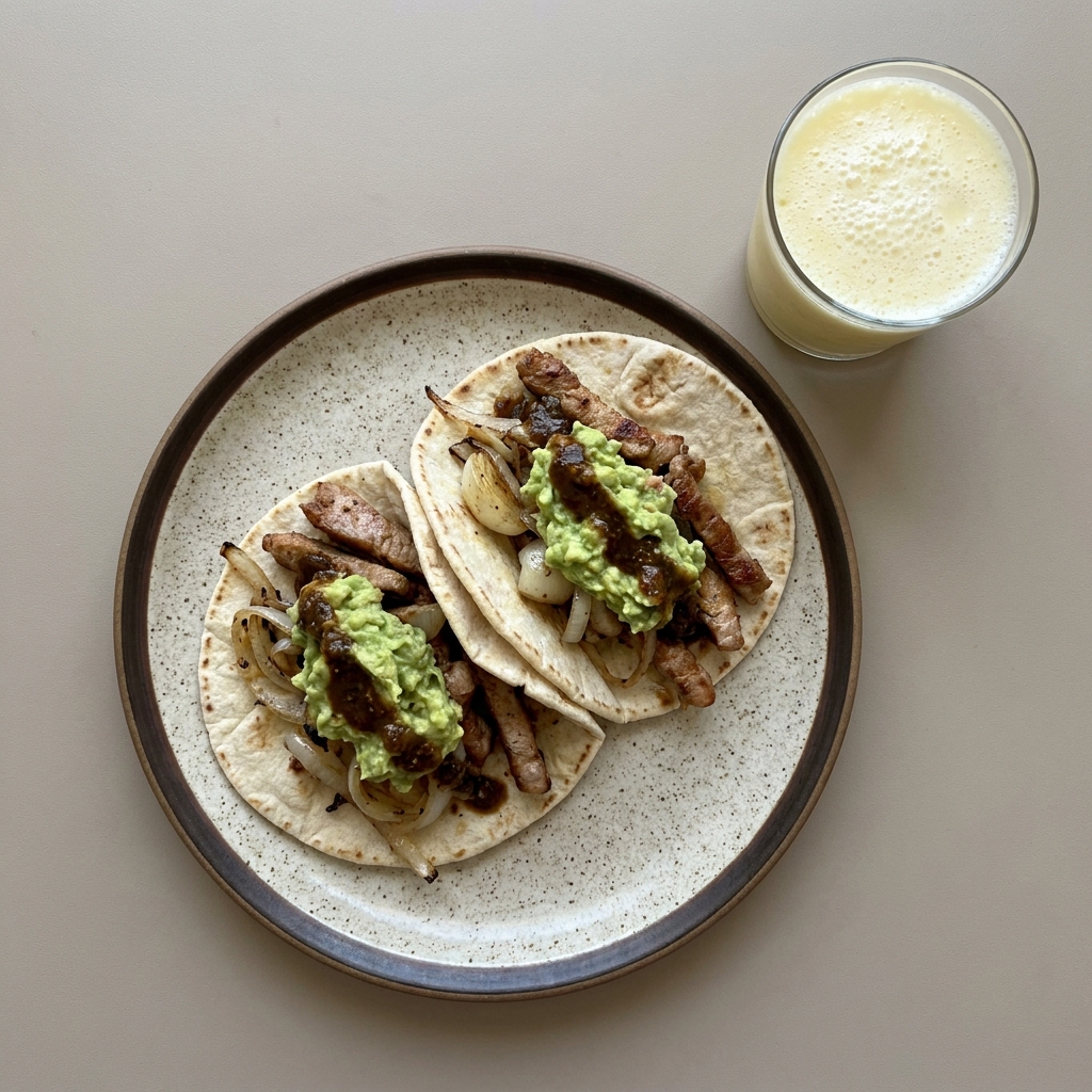 Tacos árabes de cerdo con guacamole, y licuado de piña