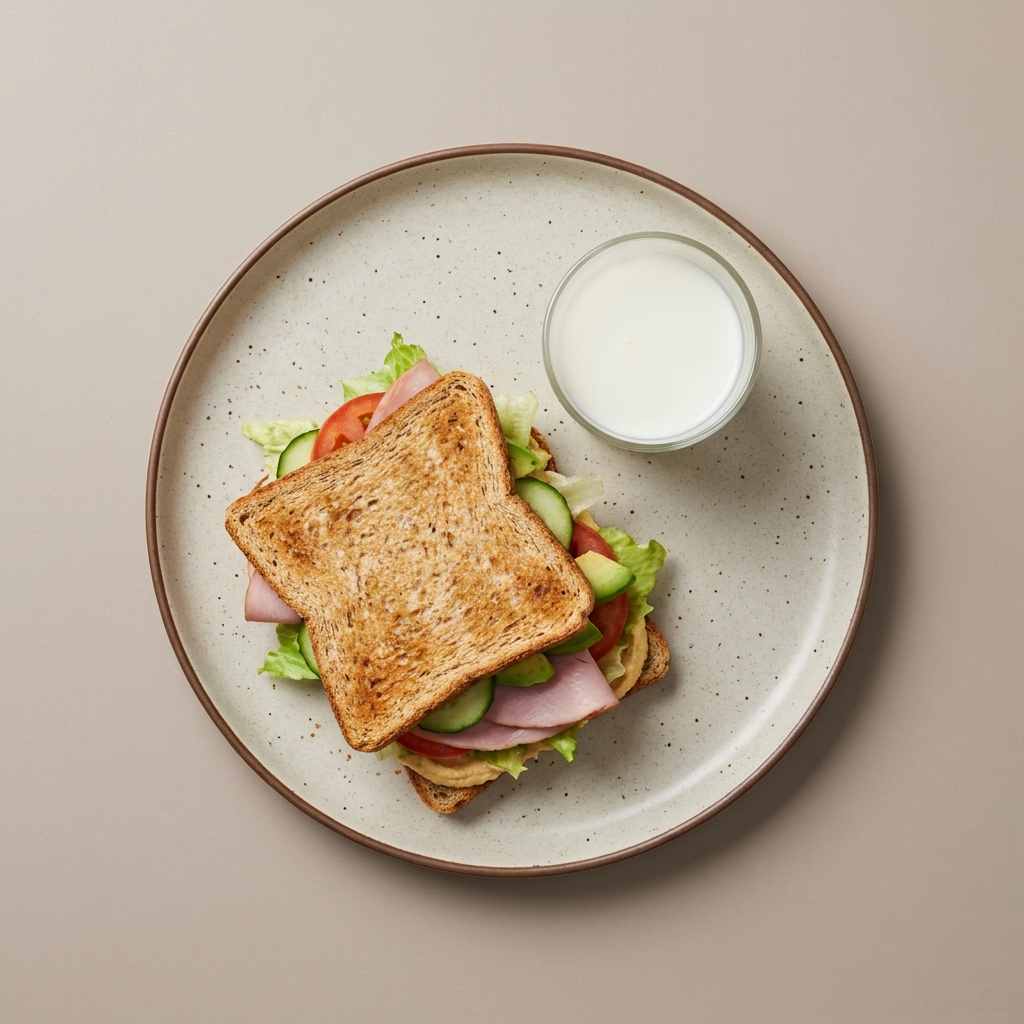 Sándwich de jamón con hummus, verduras y vaso de leche