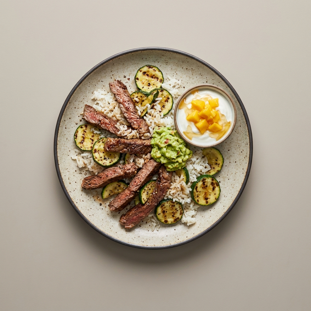 Arrachera con arroz, calabacitas y guacamole, con bowl de yogurt y mango
