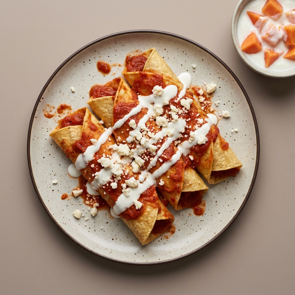 Entomatadas de queso cotija con crema, y bowl de yogurt y papaya