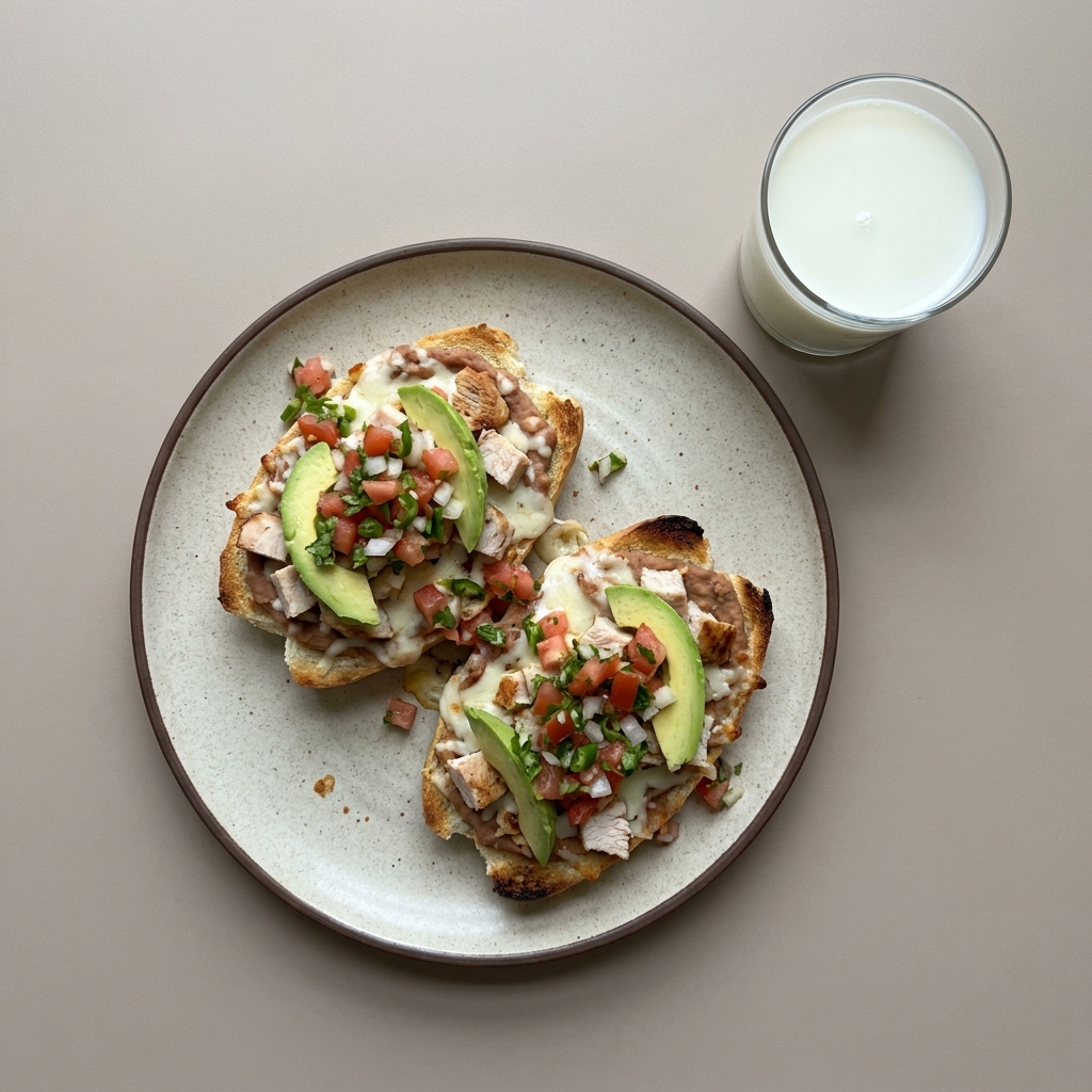 Molletes de pechuga de pavo y queso con pico de gallo y vaso de leche