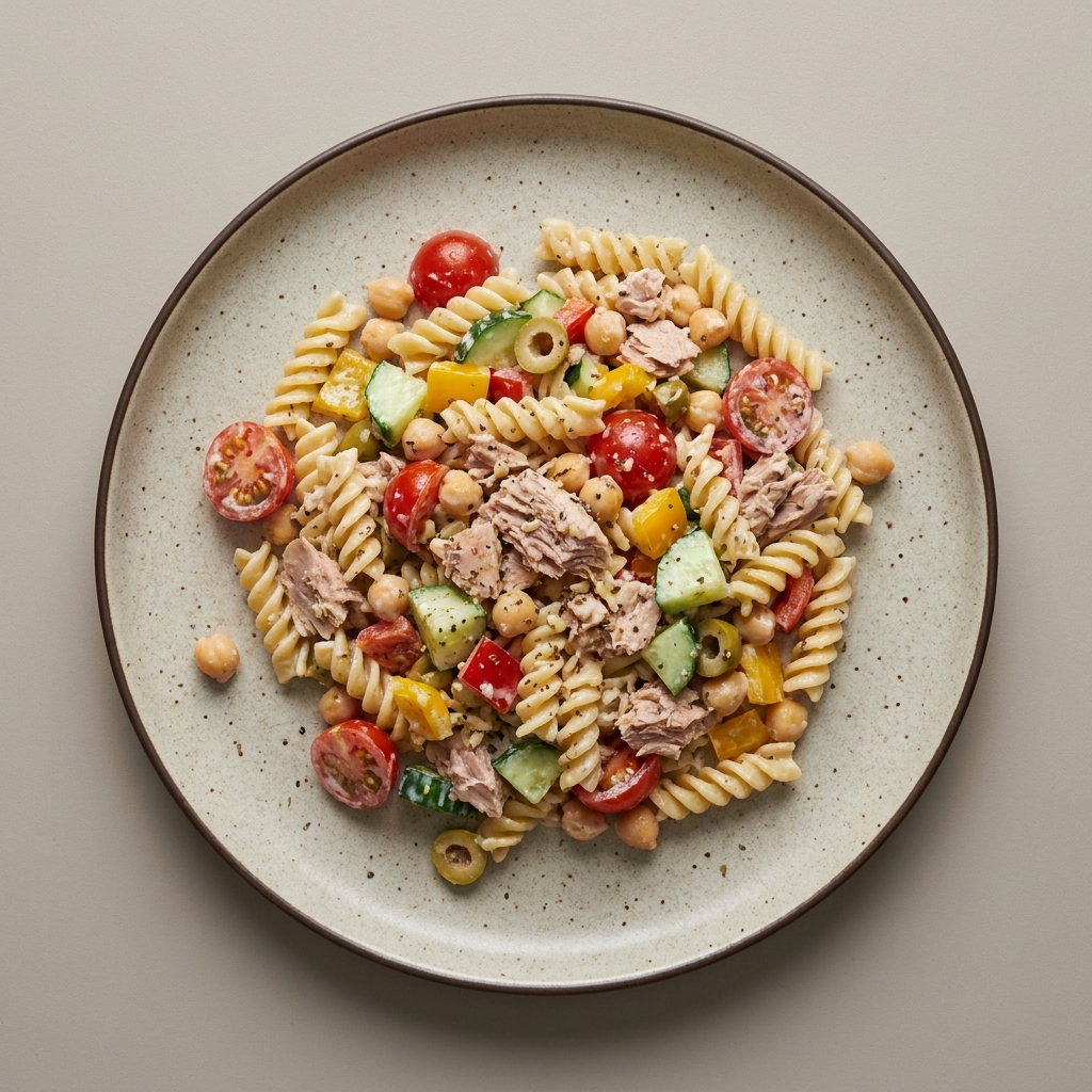 Ensalada de pasta con atún, garbanzo y verduras, con aderezo de yogurt