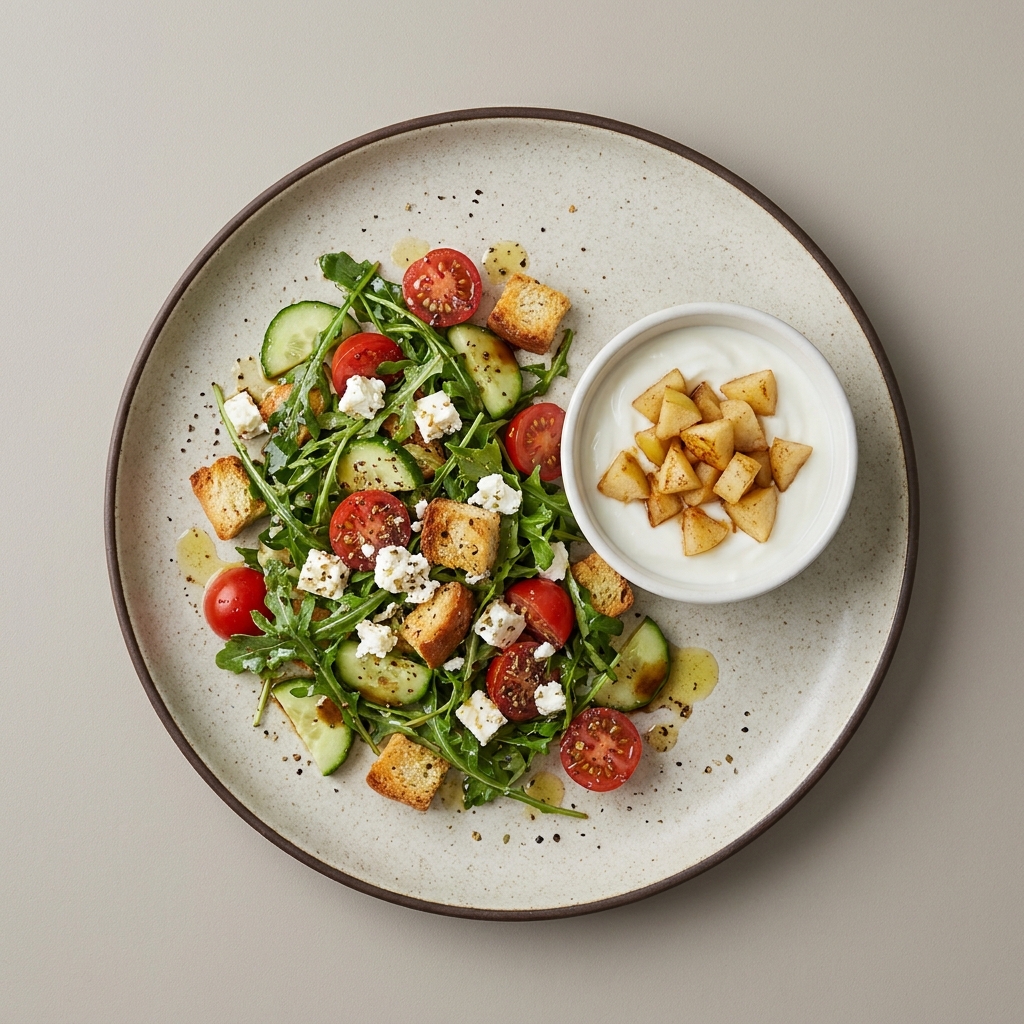 Ensalada de queso feta con croutones, y bowl de yogurt con manzana