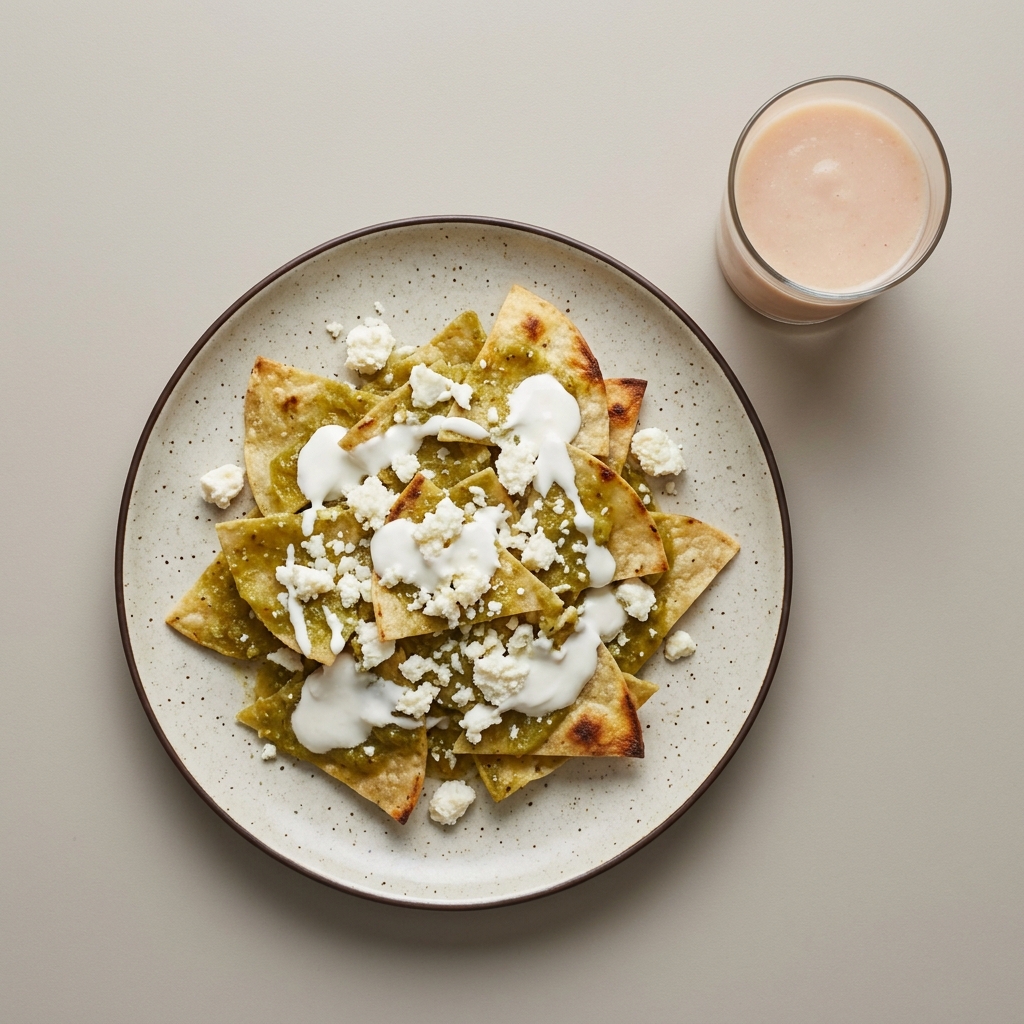 Chilaquiles verdes con queso cotija y crema, y licuado de guayaba