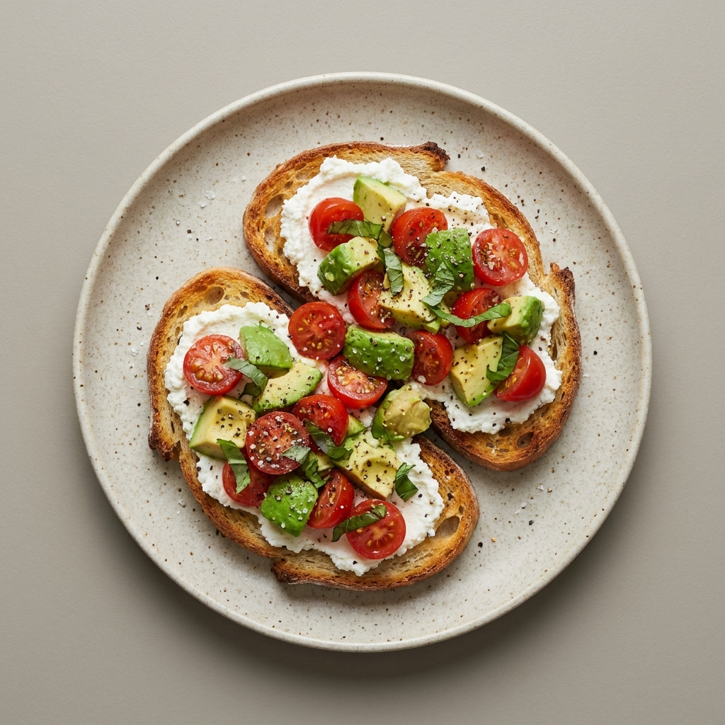 Pan de masa madre con queso ricotta, jitomate y aguacate, y licuado de zarzamora
