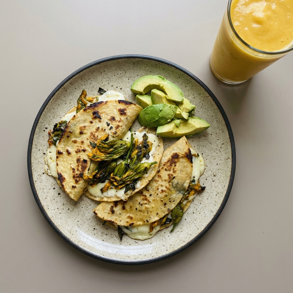 Quesadillas de flor de calabaza con queso oaxaca y aguacate, con licuado de mango