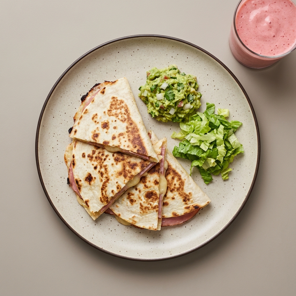 Sincronizadas de jamón con queso y guacamole, con licuado de fresa y yogurt