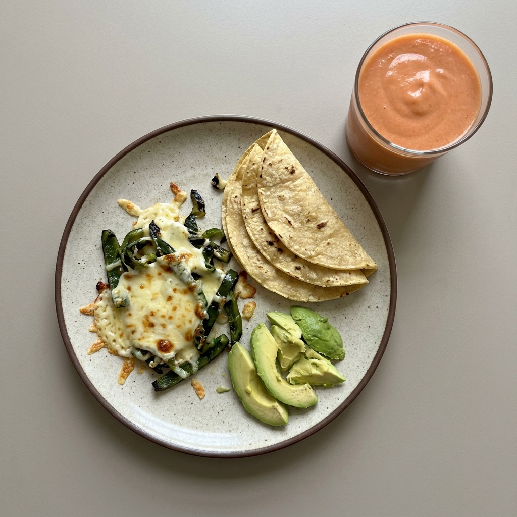 Queso fundido con rajas poblanas, tortillas y aguacate, con licuado de mamey