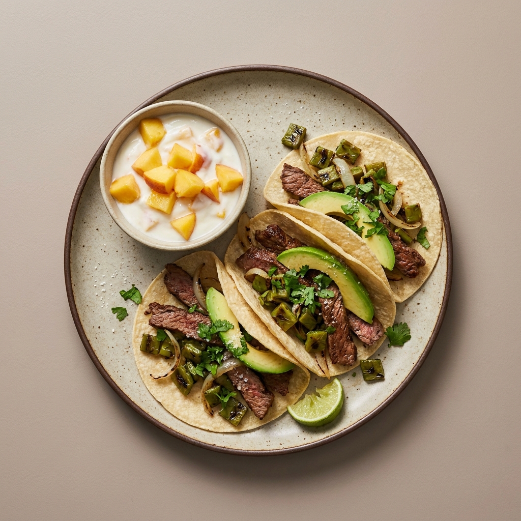 Tacos de bistec con nopales asados y aguacate, con bowl de yogurt y durazno