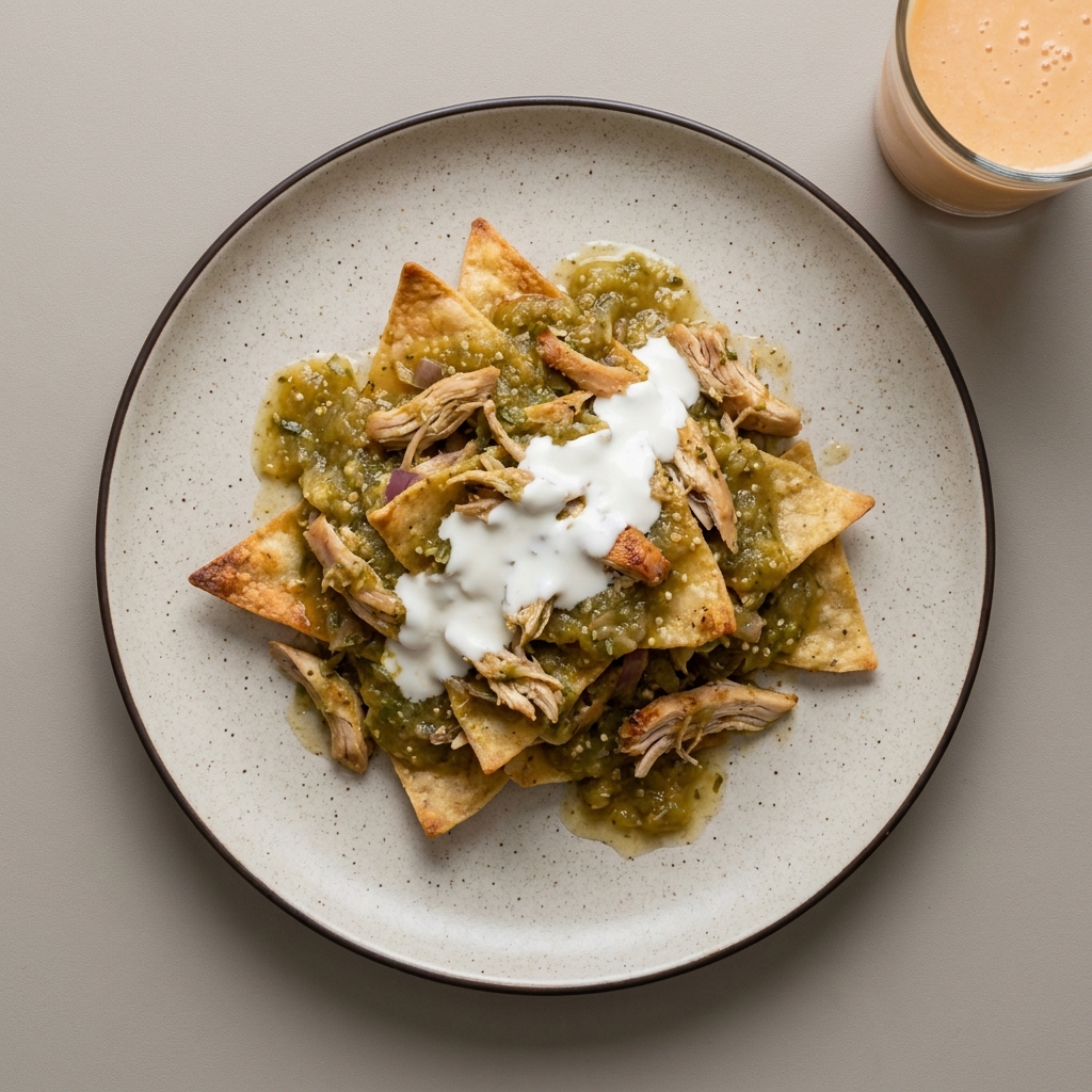 Chilaquiles verdes con pollo y crema, con licuado de papaya