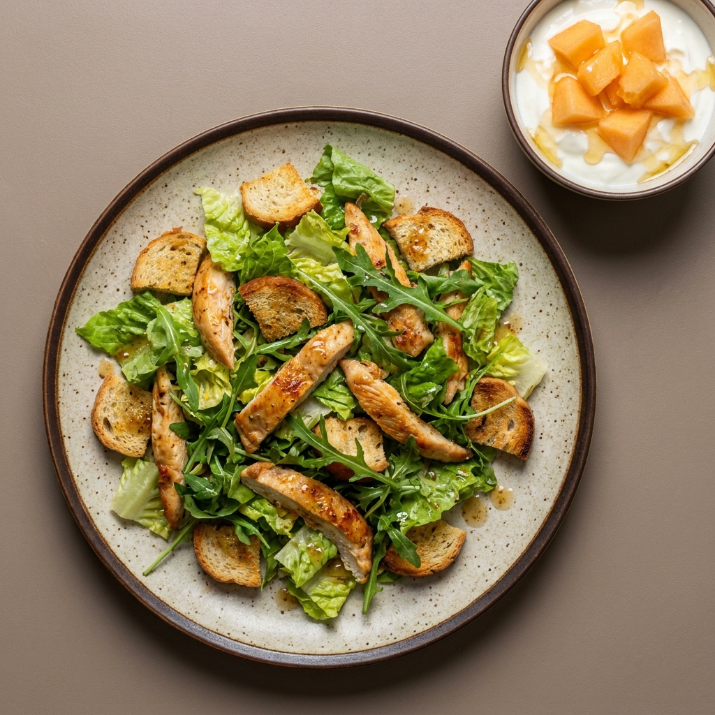 Ensalada de pollo con croutones y vinagreta, con bowl de yogurt y melón
