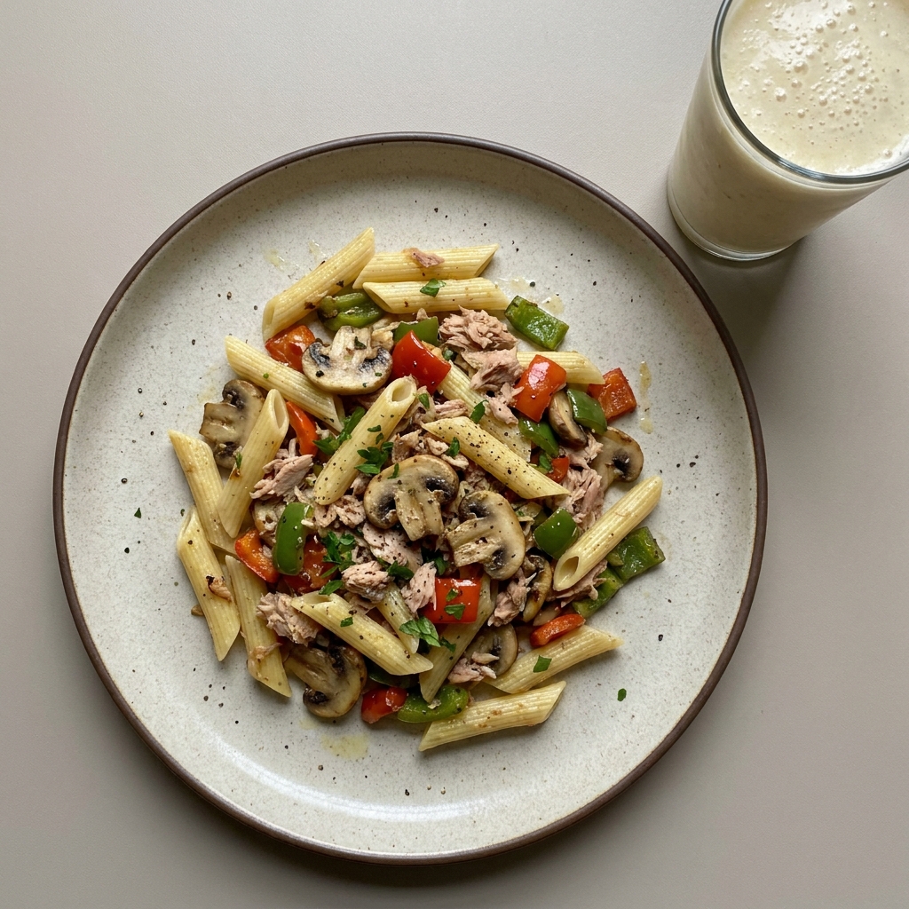 Pasta con atún y verduras, con licuado de plátano