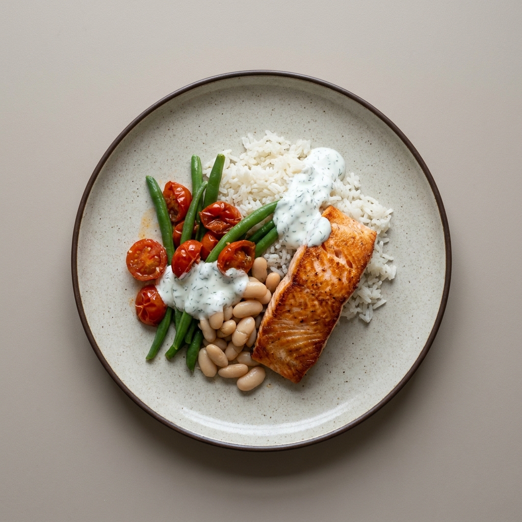 Salmón a la plancha con arroz, ejotes y alubias, con aderezo de yogurt